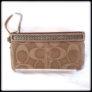 COACH Brown Suede Leather Wristlet with Beaded Accents